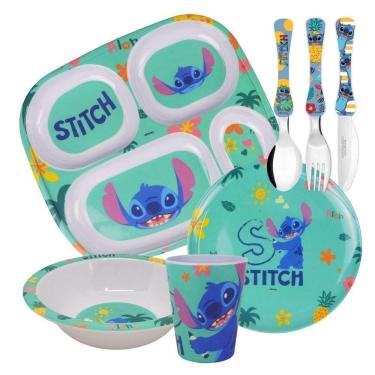 Imagem de Jogo Refeição Infantil Melamina Stitch Disney 7 Peças Pratos, Copo E Talheres Inox - Tuut