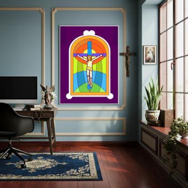 Imagem de Quadro Crucificação de Jesus Cristo em Estilo Vitral - 70x50cm - Quadr
