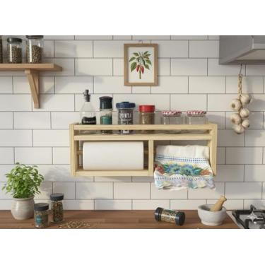 Imagem de Porta tempero parede madeira cozinha suporte prateleira papel toalha -