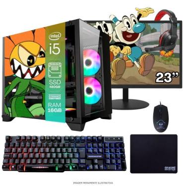 Imagem de Computador Pc Gamer Completo Tob Intel Core I5 Ssd 480Gb 16Gb Gabinete Aquário Teclado Mouse Mouse Pad E Headset Gamer Monitor 23” Windows 10 Pro Tria