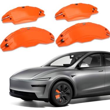 Imagem de Tampas de pinça de freio compatíveis com Tesla Model Y Juniper 2025-2026, 48 cm capas de pinça de freio dianteiras e traseiras 4 peças para acessórios modelo Y Juniper (laranja)