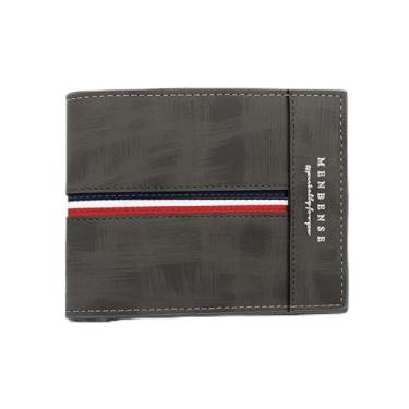 Imagem de Carteira masculina moderna, dobrável, macia e curta, para guardar 6 cartões, 1 cartão de identidade e 2 bolsos com zíper, padrão de listras intermediárias, carteira compacta de poliuretano retrô