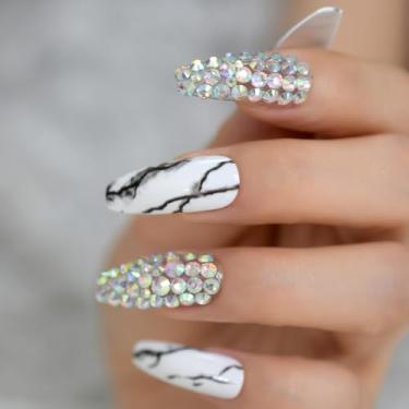 Imagem de Unhas de pressão de caixão com strass branco mármore cor longo unhas postiças cobertura completa manicure