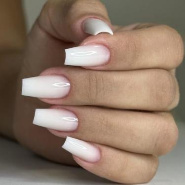 Imagem de Kit de unhas de pressão curto médio caixão branco sólido conjunto de unhas falsas com design cobertura completa cola em bastão falso artificial em unha de acrílico para mulheres uso diário 24 peças
