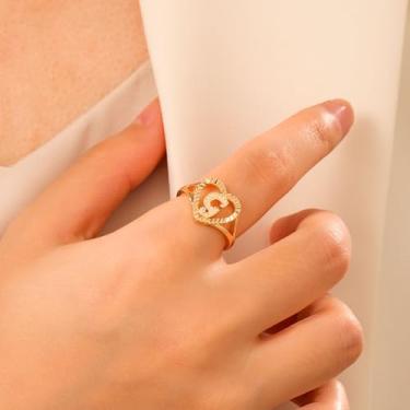 Imagem de Anéis femininos banhados a ouro 14 quilates - Letra A - Z Anel vintage de amor com coração, não mancha, personalizado, esculpido, hipoalergênico, empilhamento, presentes de aniversário, joias modernas