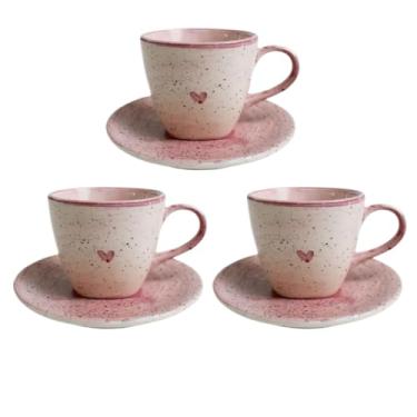 Imagem de XíCara e Pires de CerâMica Pintados à Mão em Formato de CoraçãO Rosa, 200 Ml,Jogo de Xicaras de Cafe Com Pires(3 Unidade)