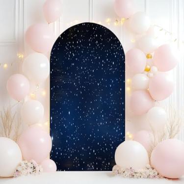 Imagem de Capa de fundo de arco de casamento com estrelas de 2,5 m preenchida com estrelas, céu noturno profundo, rico, azul marinho, céu disperso, elastano, capa redonda com suporte para decoração de festa de