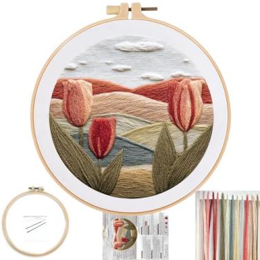 Imagem de FONNUY Kit de bordado para iniciantes, kits de padrão pré-estampado de flores de tulipas para adultos com argola, costura de linha colorida fácil de seguir, argola de 20 cm (laranja)