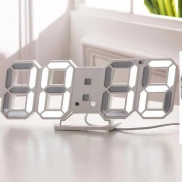 Imagem de Relógio Digital LED 3D de Parede e Mesa, Tela Grande 8888, Alarme com Função Snooze, USB, 24x4x9cm, Branco, Acrílico