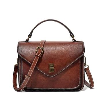 Imagem de LOXOMU Bolsa feminina de couro legítimo, bolsa de ombro vintage com alça superior pequena com alça ajustável, Marrom, Small