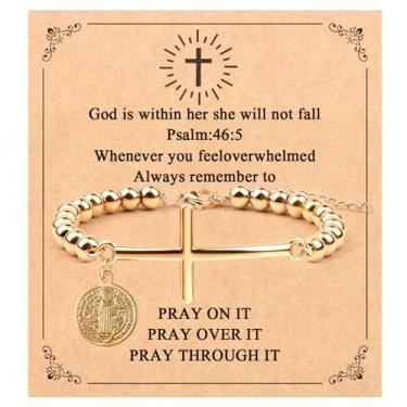 Imagem de CXLDTE Pulseira feminina com pingente de cruz de ouro com medalha de São Bento, 6.8 inches, Aço inoxidável, Zircônia cúbica