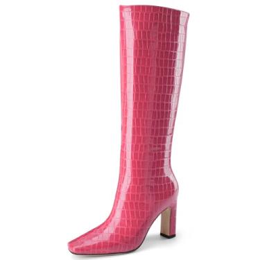Imagem de Perisis Botas de cano alto femininas pretas longas botas altas de salto alto grosso bico quadrado padrão crocodilo botas de couro com zíper lateral para mulheres sexy, Padrão rosa, 35 BR
