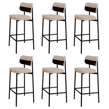Imagem de Banqueta Alta Bar Estofada Kit 6 Ella M25 Linho Areia/preto - Mpozenato