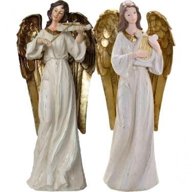 Imagem de Dupla Anjos Músico Harpista Violinista Em Resina Natal 38cm