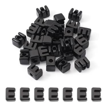 Imagem de Beadthoven 30 peças grandes letras E contas de acrílico preto grande buraco plástico slide inicial bloco do alfabeto opaco bolha letras contas espaçadores para amizade pulseiras chaveiro cadarço diy