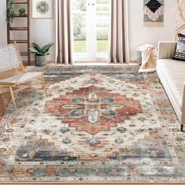 Imagem de Enkor Tapetes macios de área, 20 x 25 cm, lavável, antiderrapante, boho, para sala de estar, quarto, estilo vintage, tapete de casa de fazenda para entrada de cozinha, bege e vermelho