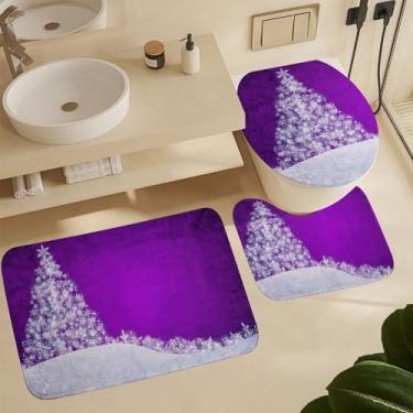 Imagem de Deiubuc Conjunto de tapetes de banheiro com decoração de Natal roxa, 3 peças, roxo para decoração de Natal, tapetes de vaso sanitário em forma de U, conjunto de capa de vaso sanitário absorvente