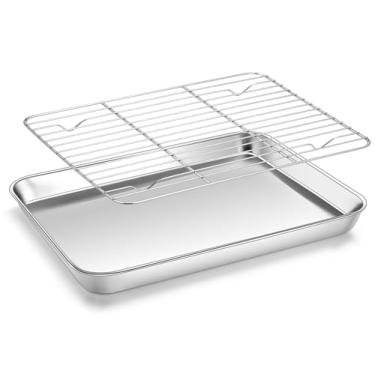 Imagem de Homikit Assadeira com grade de arame, folhas de biscoito de 25 x 20 x 2,5 cm para assar, bandeja de aço inoxidável antiaderente com grade de resfriamento, formas de bacon pequenas de metal para forno