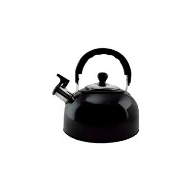 Imagem de Chaleira de Aço Inoxidável com Apito, 2 Litros, Preta, Cabo Resistente ao Calor, Base 4mm, Tampa Removível para Fogão