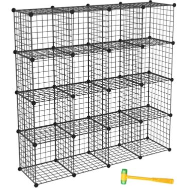 Imagem de TUMUCUTE Organizador de armazenamento de cubo de arame, estante modular de grades mentais de 16 cubos, armário empilhável DIY para quarto, sala de estar, escritório, preto