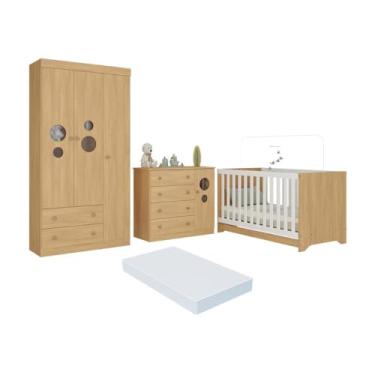 Imagem de Quarto de Bebê Completo Berço Americano 3 em 1 Colchão Pirulito Multimóveis Mp4637 Madeirado