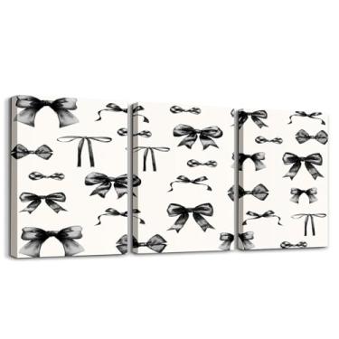 Imagem de Erosebridal Arte de parede com laço preto 30,5 cm x 40,6 cm, 3 peças, decoração de parede em tela com laço de princesa para quarto de meninas Kawaii, lindos pôsteres de gravata borboleta em aquarela