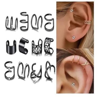 Imagem de Kit 12 Brincos Pressão Piercings Orelha Aço Cirúrgico Black - BRW