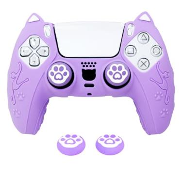 Imagem de HLRAO Lindas películas de controle Cat Paw PS5, capa protetora de silicone roxa compatível com controle PS5 + 2 peças de capas fofas de gato com pegadores de pata.