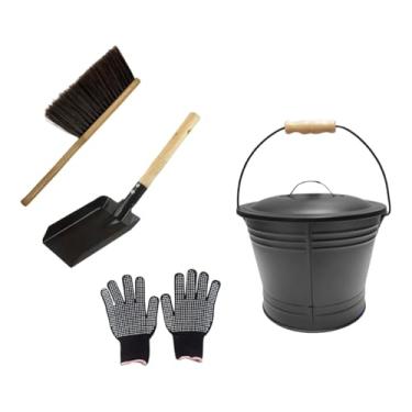 Imagem de KiBcsLic Balde para cinzas com tampa, ferramenta de limpeza de cinzas para lareiras, portátil, fácil de usar, prática, inclui balde, pá, escova e luvas.