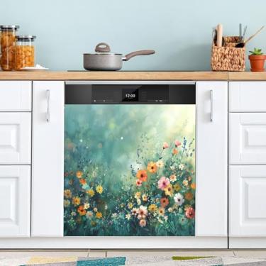 Imagem de ATTX Capa de ímã de lava-louças com pintura de flores coloridas, 58 cm C x 66 cm A decoração da capa frontal da máquina de lavar louça, decalques de armário doméstico adesivos de eletrodomésticos #64