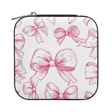 Imagem de SEHANY Caixa de joias personalizada com laço rosa para mulheres, meninas, mini estojo de joias de couro PU, organizador de joias de viagem, caixa de joias para brincos, anéis, colares, presentes para