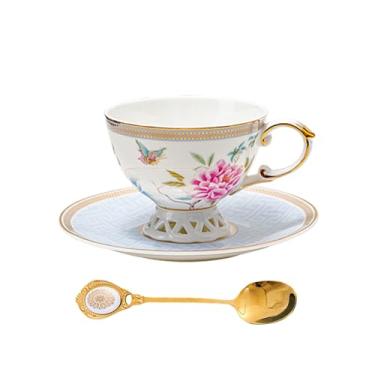 Imagem de PANAOAHU Conjunto de xícara de chá e pires, xícara de chá vintage de borboleta floral com acabamento dourado, xícara de café de porcelana com pires e colher, conjunto de xícara de porcelana e pires