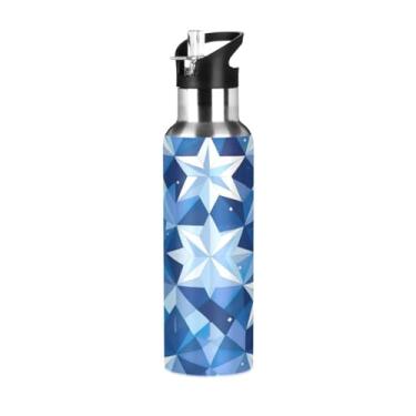 Imagem de Wassud Blue Stars Garrafa de água esportiva de aço inoxidável com isolamento a vácuo de 600 ml com tampa de canudo à prova de vazamento, copo portátil, academia para viagem