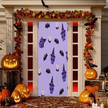 Imagem de Wassud Caveiras com chapéus de bruxa decoração de porta faixa interna externa decoração de casa de varanda grande decoração de porta da frente 96 x 98 polegadas
