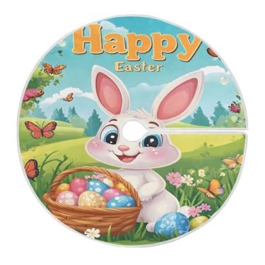 Imagem de Qilmy Saia de árvore de Natal de coelhinho da Páscoa e ovo, 90 cm, camurça para árvore de Natal, adequada para decoração de armário em ambientes internos e externos, festas, escritórios, lojas