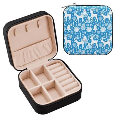 Imagem de Wassud Estojo de joias de viagem de rena branca para mulheres, meninas, senhoras, noiva, mini organizador de joias de couro PU, caixa quadrada de armazenamento de joias para brincos, anéis, colar
