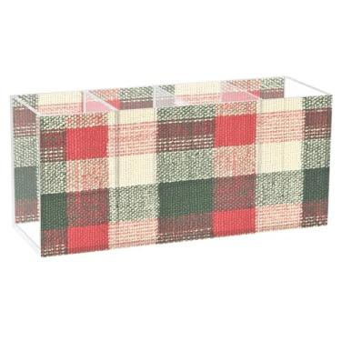 Imagem de CEBUGI Porta-canetas de acrílico com 4 compartimentos, organizador de lápis transparente, padrão xadrez, suporte de pincel de maquiagem vermelho para armazenamento em mesa de escritório em casa