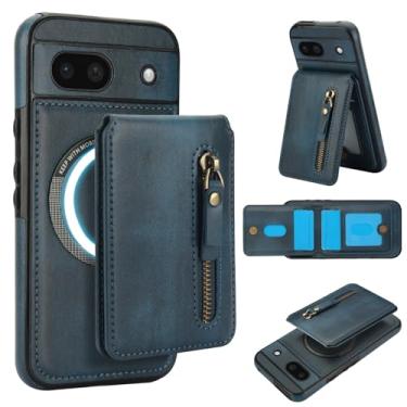 Imagem de Carteira removível compatível com carregamento sem fio Magsafe para Google Pixel 8A, capa com suporte para cartão, bolso com zíper, suporte 2 em 1 à prova de choque (azul)