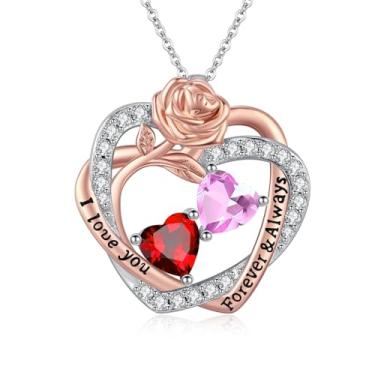 Imagem de Colares femininos com coração rosa, banhado a ouro rosa 14K, pingente de coração duplo sobreposto, presente de aniversário de aniversário de dia dos namorados para sua esposa, mãe, filha, joia com