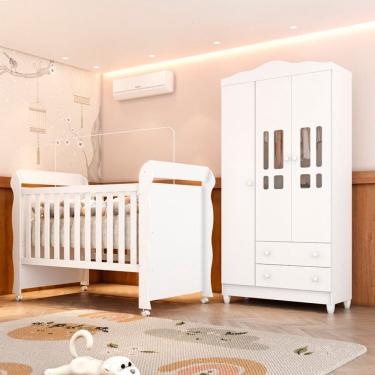 Imagem de Quarto de Bebê Berço Mini Cama Americano 3 em 1 e Guarda-roupa 3 Portas em Mdf Mirelle Branco