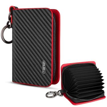 Imagem de T-carbon Porta-cartão de crédito, carteira de cartão de crédito com bloqueio RFID ZIpper para homens e mulheres, carteira com porta-cartões de fibra de carbono, 12 compartimentos para cartões vermelha