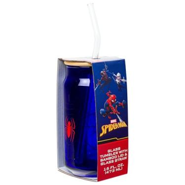 Imagem de Silver Buffalo Copo de vidro Spiderman Spidey Log and Web de 473 ml com tampa de bambu e canudo de vidro