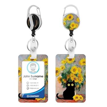 Imagem de Porta-crachá de identificação de flor amarela de gato preto com molinete retrátil resistente, chaveiro, cartão de identificação para mulheres, enfermeiros, professores, funcionários de escritório