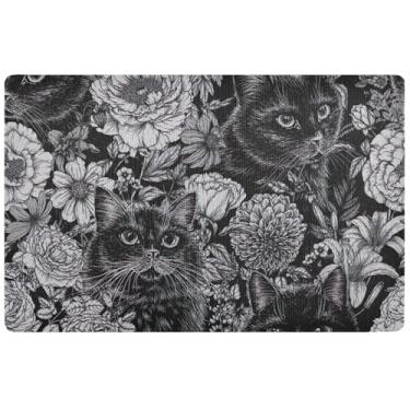 Imagem de TSENQUE Capacho floral cinza personalizado para gatos pretos tapetes de entrada engraçados internos tapetes engraçados externos antiderrapantes 81 x 50 cm