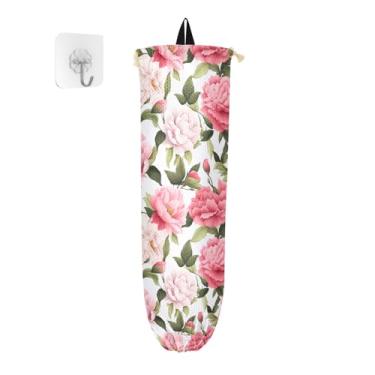 Imagem de Peônia rosa e verde pacote com 2 porta-sacos de plástico, organizador de sacolas de supermercado, organizador de sacos de cozinha