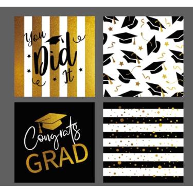 Imagem de AnyDesign Guardanapos de papel de graduação guardanapos de almoço preto dourado parabéns grad cap listra descartável sobremesa jantar toalhas de mão para graduações suprimentos de festa decoração de