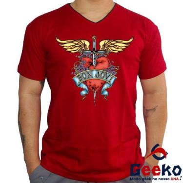 Imagem de Camiseta Bon Jovi 100% Algodão Rock Geeko, Vermelho gola v, P