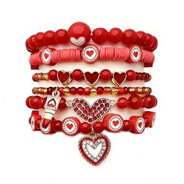 Imagem de Pulseiras de coração com contas vermelhas para mulheres, 7 peças, conjunto de pulseiras elásticas empilháveis com amuletos de amor, I Love You, miçangas elásticas em camadas para o dia dos namorados