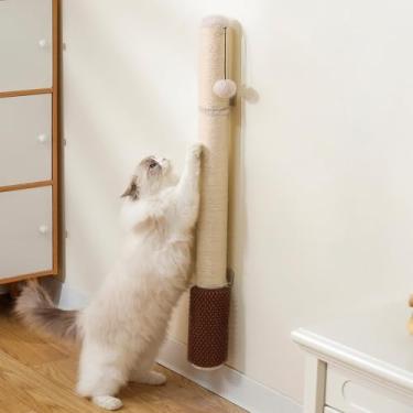 Imagem de Arranhador de gato extra alto de 86 cm – Poste vertical para arranhar corda de sisal para gatos grandes, escalador de parede para gatos que economiza espaço, escova de limpeza automática e bola para