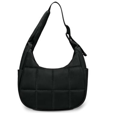 Imagem de KAATAI Bolsa de ombro pequena Puffer Crescent para mulheres, bolsas de ombro acolchoadas e fofas de nylon com alça ajustável, Preto